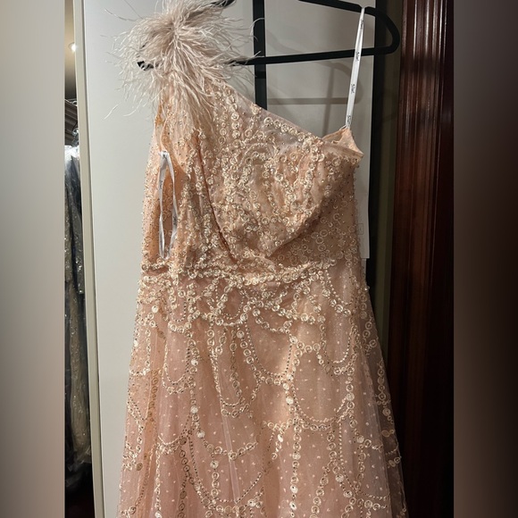 Feathered one shoulder A-line embroidered long gown - Picture 8 of 11